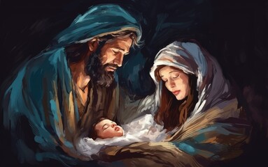 Wall Mural - Christmas story. Christmas night, Mary, Joseph and the baby Jesus, Son of God , symbol of Christianity , generative ai