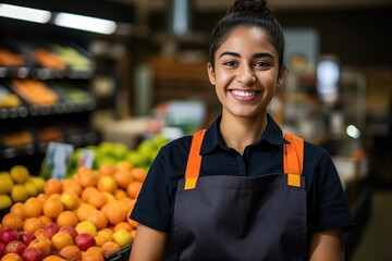 Wall Mural - Smiling hispanic female supermarket fruit section worker looking at the camera