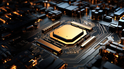 A complicated circuit board sits in the middle of the room, its intricate design illuminated by a bright light 