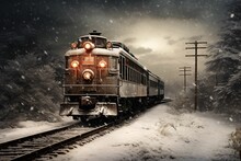 Train Traveling Through Snowy Mountain Pass. Winter Adventures. Design For Travel Poster, Holiday Card, Wallpapers