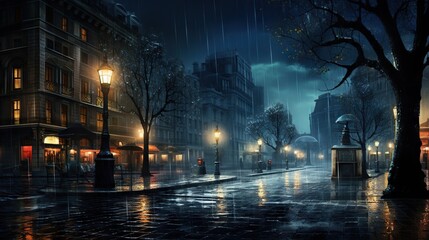 Sticker -  a rainy night in a city with people walking down the street.  generative ai