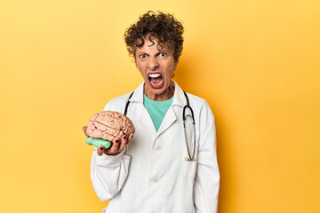 Wall Mural - Doctor holding a brain model on yellow studio screaming very angry and aggressive.