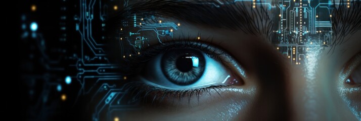 Aufkleber - Ethical AI conundrums onscreen light thoughtful woman's visage, close-up