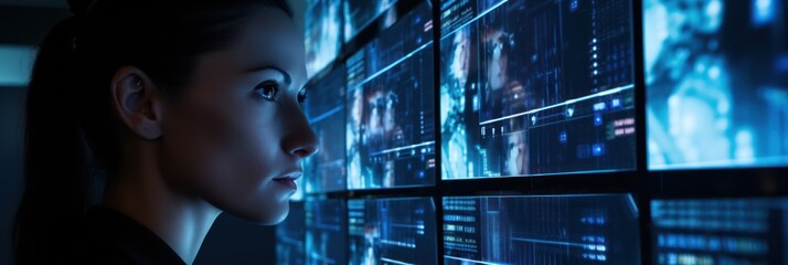Aufkleber - Analyst, engrossed, tackles vast live-data screen, AI analytics amplifying insight