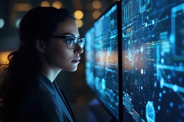 Aufkleber - Amidst sprawling digital visuals, analyst unravels data, testament to AI's analytic power