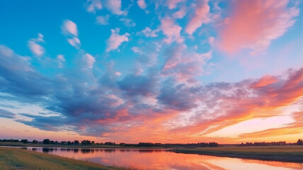 Wall Mural - colorful sunset in the field with clouds