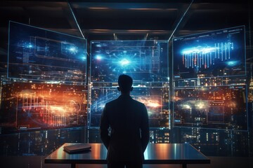 Aufkleber - Data analyst probes vast screen, AI-powered visuals showcasing real-time analytics prowess