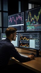 Poster - Analyst studies AI's stock narratives, trading charts, graphs painting financial tapestry