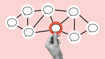 Collage with hand and speech bubble linked to each others. Online communication and social networking