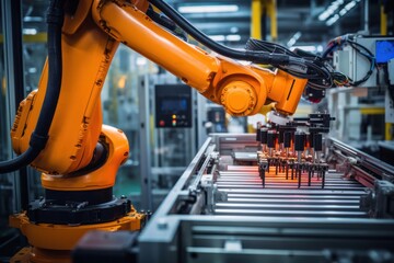 Poster - Robotic arm, under AI's guidance, meticulously engineers electronics on an assembly line