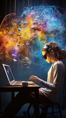 Poster - Amidst canvases, an artist channels AI-generated motifs, forging a groundbreaking artistic alliance