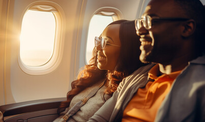 Happy smiling black couple is flying in an airplane in first class, travel relax and recharge