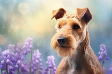  A Brown Dog Standing In A Field Of Purple Flowers With A Blurry Background.  Generative Ai