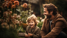 Padre Con Niños Disfrutando Y Sonriendo.
Imagen Otoñal Con Familia Feliz En El Jardín Exterior. Ia Generada.