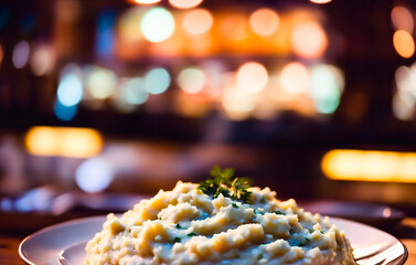 Wall Mural - Mashed potatoes on a plate in a restaurant.