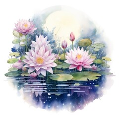 Floral Moon and Water Lilies on a white background.