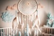 A dream catcher hanging in a child's nursery, softly lit with pastel hues, invoking a sense of innocence, serenity, and sweet dreams.