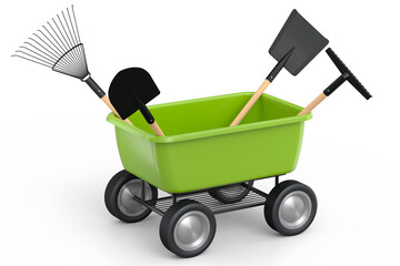 Wall Mural - Garden wheelbarrow with garden tools like shovel, rake and fork on white.