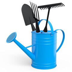 Wall Mural - Watering can with garden tools like shovel, rake and fork on white background.