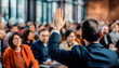 Businessman raising his hand during a seminar, business meeting or conference. Employee or person asking for a turn to speak. Generative ai