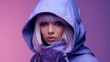 © PixelPaletteArt - A young caucasian woman, isolated on a violet background, adorned in a futuristic attire, with an expression of wonder and curiosity, exploring the unknown.