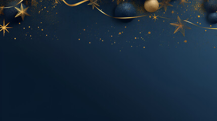 Wall Mural - Christmas and New Year minimalistic top view background. Golden star and blue Glass Balls on Navy blue background with copy space for text. The concept of Christmas and New Year holidays