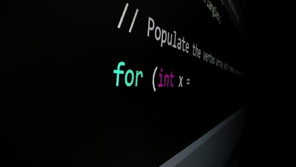 Closeup macro shot movement of coding script moving across LED screen with real-time AI-generated typing, showcasing advanced AI learning in optimization, debug and coding for software development.