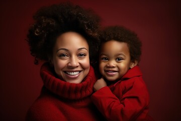 Sticker - Happy african american woman holding cute little boy, red clothes.