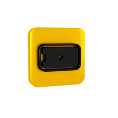 Poster - Black Online play video icon isolated on transparent background. Smartphone and film strip with play sign. Yellow square button.