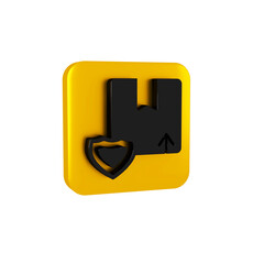 Canvas Print - Black Delivery security with shield icon isolated on transparent background. Delivery insurance. Insured cardboard boxes beyond the shield. Yellow square button.