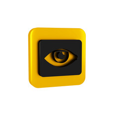 Wall Mural - Black Red eye effect icon isolated on transparent background. Eye redness sign. Inflammatory disease of eyes. Yellow square button.