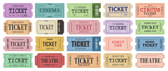 Wall Mural - Vector set of admit one tickets template. Ticket for cinema,movie,circus,theater,film,festival,casino,club,music etc. Event admission, entrance pass set .Vector illustration