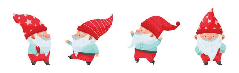 Wall Mural - Fantastic Gnome Character with White Beard and Red Pointed Hat Vector Illustration Set