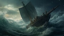 Stormy Ocean With Viking Ship Battling Waves