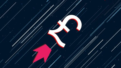 Poster - Pound symbol flies through the universe on a jet propulsion. The symbol in the center is shaking due to high speed. Seamless looped 4k animation on dark blue background with stars