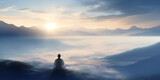 Buddhist monk meditating on the top of mountain at sunset