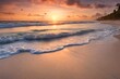 Strandhintergrund mit Meereswellen, weissem Sand, Sonnenuntergang - Sommerurlaubshintergrund. Reisen und Strandurlaub, Badeferien