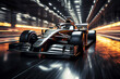 black racing car is moving fast on formula One track
