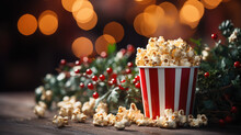 A Bucket Of Delicious Popcorn Stands On A New Year's Background, Christmas, Decor, Holiday, Movie, Food, Day Off, Snack, Fun, Entertainment, Pack, Puffed Corn, Film, Party, Winter, Garland, Lights