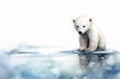 Cute polar bear baby stands alone on an ice floe, watercolor painting, copy space for text
