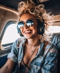 Portrait of beautiful blonde women enjoying helicopter flight. She is smiling, viewing cityscapes and wearing pilot headphones.