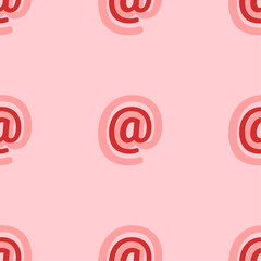Poster - Seamless pattern of large isolated red at symbols. The elements are evenly spaced. Vector illustration on light red background