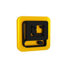 Sticker - Black Book about geometry icon isolated on transparent background. Yellow square button.