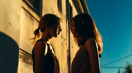 Wall Mural - Two women standing next to each other in front of building with sky background.