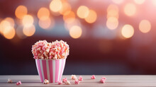 Pink Bucket Of Popcorn Stands On A Plain Background, Heart, Romance, Love, Date, Valentine's Day, Movie, Food, Day Off, Snack, Fun, Entertainment, Pack, Corn, Film, Cinema, Card, Symbol, Sweet, Salt