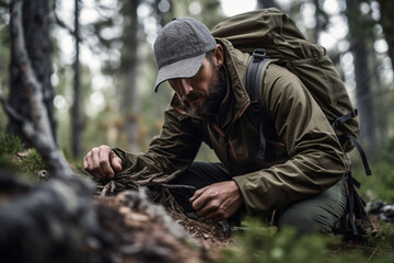 Male hunter in the forest tracking an animal