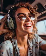 Cute woman, blonde woman smiling while going for a helicopter ride