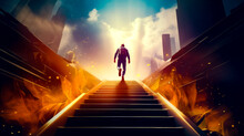 Man Walking Up Flight Of Stairs Towards Bright Sky With Clouds.