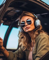 Wall Mural - Cute and beautiful blonde woman smiling while flying a helicopter and enjoying the views