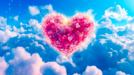 Sticker - Heart shaped cloud in the sky with pink and white hearts floating in it.